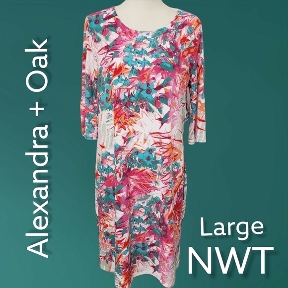 Nwt Amanda + Oak L Floral Sheath 3/4 Bell Sleeve Pink & Teal 4% Spandex - Picture 1 of 10
